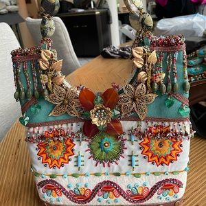 Mary Frances Beaded Handbag Flower Green Orange